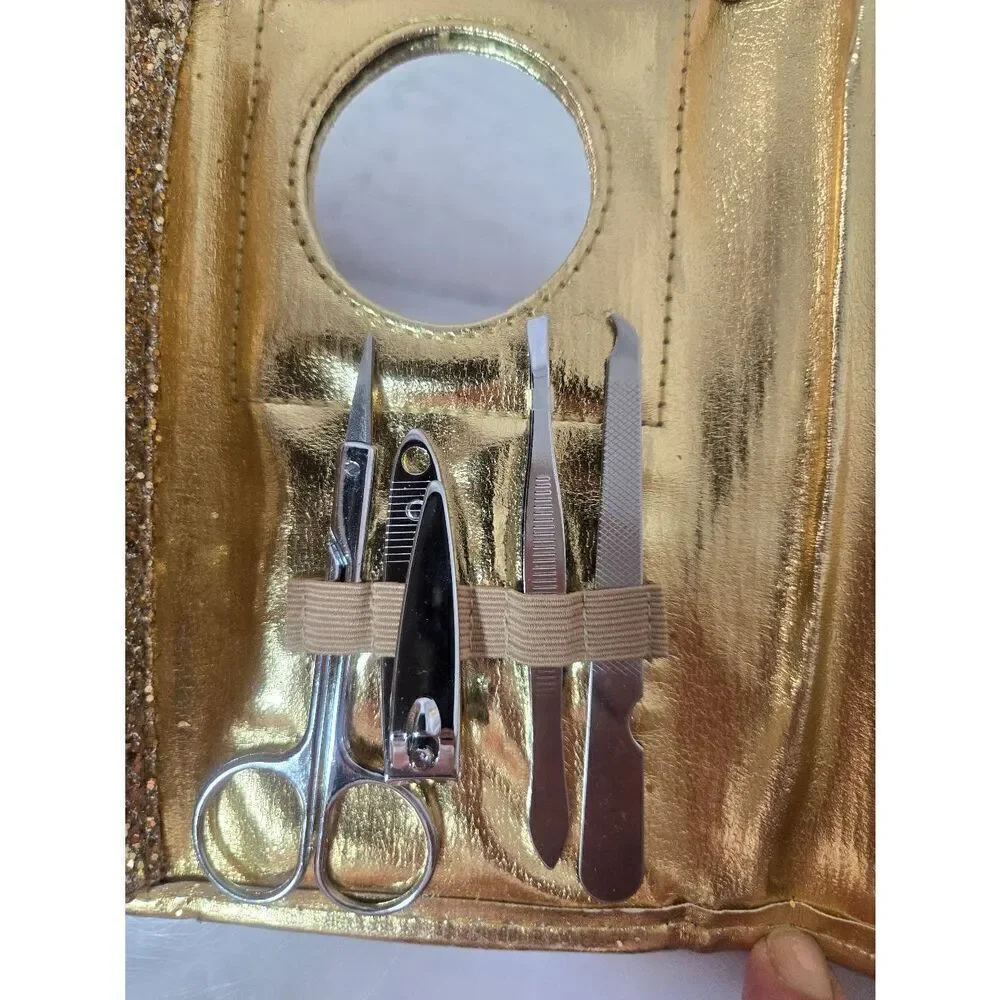 Womens Gold Sequined Travel Makeup And Grooming Accessories Case.